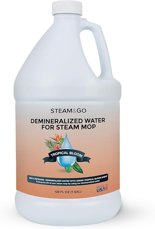 Steam & Go Demineralized Water for Steam Cleaner - PVC-Free Floor Cleaning Solution Compatible for All Steam Mops - Multi-Surface Cleaner for Home Surfaces - Tropical Bloom Scent, 128 Fl oz