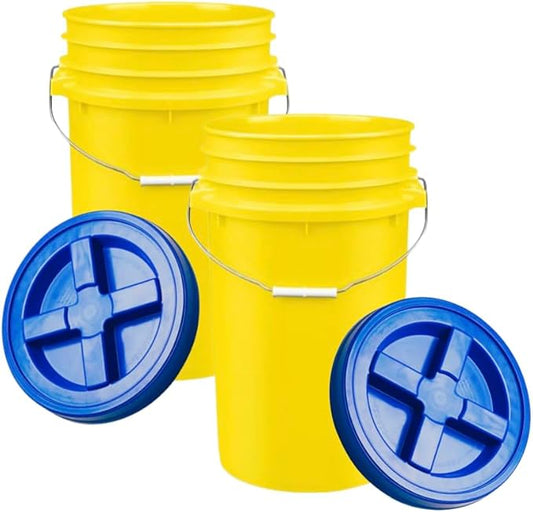 House Naturals Plastic Food Grade Made in USA Bucket with lid, Large 7 Gallon Container Comes with Screw On Lid (2, Yellow with Blue lid)