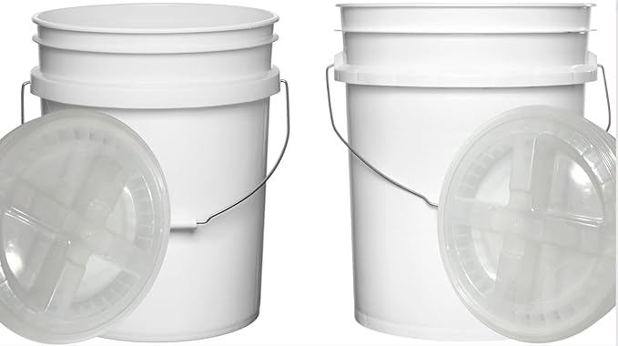House Naturals Food Grade 5 Gallon Made in USA Plastic Bucket with Air Tight Screw on Lid (White Buckets with Clear Lids)