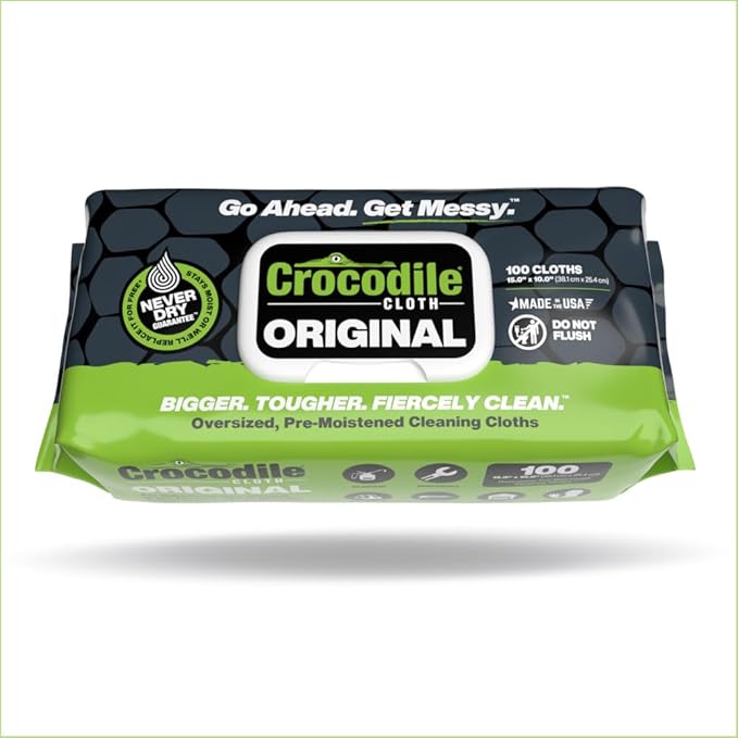 Crocodile Cloth Original Cleaning Wipes, 600 Count (6 Packs of 100) – Heavy-Duty 15” x 10” Multi-Surface Shop Wipes, Water-Based, Safe on Skin, Cuts Grease, Grime & Dirt