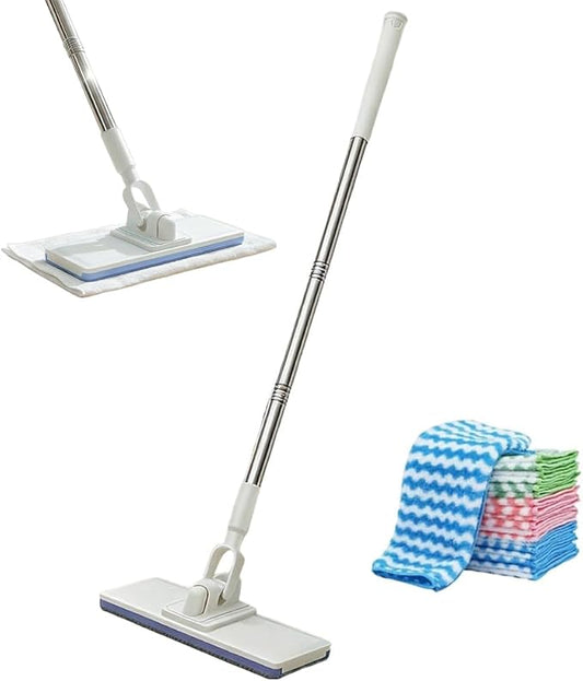Disposable Dust Mop 34" Long Handle Wet & Dry Floor Mop, Retractable Gap Dust Cleaner with Locking Rotating Head for Hardwood, Tile & Multi-Surface Cleaning (1 Set with 5 Clothes)