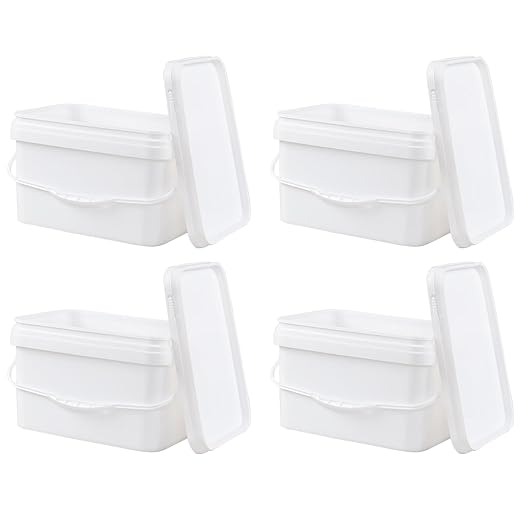 4 Pcs 3 Gallon Food Grade Bucket with Lid, Rectangular Bucket Pail with Plastic Handles for Storing Dry Food, Charcoal, Camping, Fishing (White)