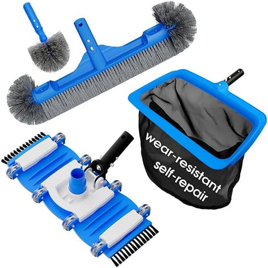 3-in-1 Pool Cleaning Kit Full Set - 18in Rounded End Pool Brush & Ergonomic Pool Vacuum Head with Wheels& Pool Nylon Net Fine Mesh for Above Ground In-ground Pools, Spas, Hot Tubs
