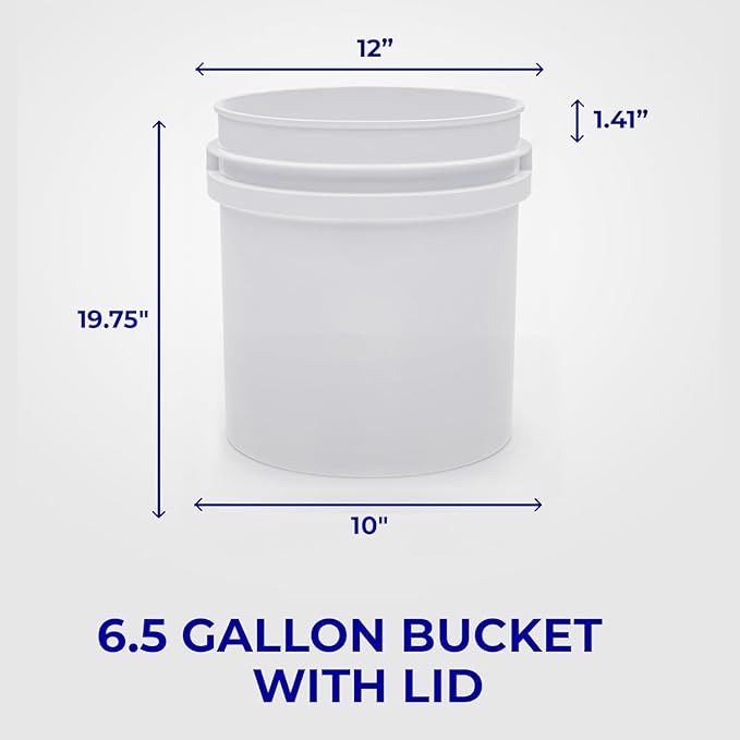 6.5-Gallon White Bucket Pail Container with Lid | Food Grade | Heavy-Duty 90MIL Extra Durable | Metal Handles with Plastic Grip for Easy Carrying | Multi-Use | Easy Stack and Store | BPA Free - 6 Pack