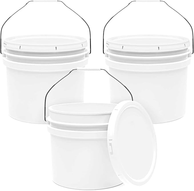 3.5-Gallon White Bucket Pail Container with Lid | Food Grade | Heavy-Duty Extra Durable | Metal Handles with Plastic Grip for Easy Carrying | Multi-Use | Easy Stack and Store | BPA Free - 3 Pack