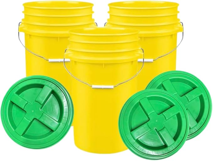 House Naturals Plastic Food Grade Made in USA Bucket with lid, Large 7 Gallon Container Comes with Screw On Lid (3, Yellow with Green lid)