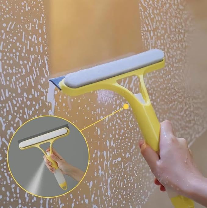 3 in 1 Spray Window Squeegee Cleaner Scraper, Window Squeegee Cleaner Tool with Spray Bottle for Shower Glass, Mirrors, Car, Home Window Cleaner Tool (Yellow)