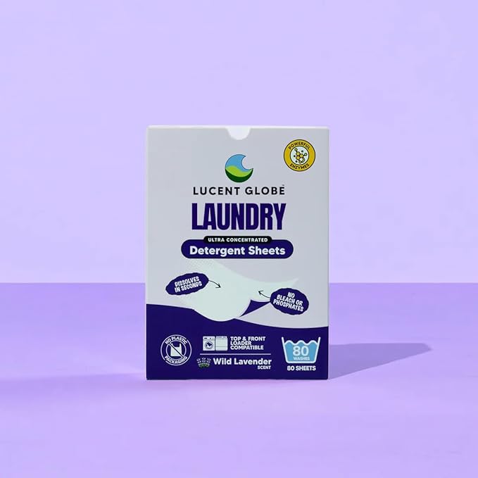 Lucent Globe Laundry Detergent Sheets. Pre-Measured Laundry Sheets. Powerful Stain Removal. Works in All Clothes Washers. World's Best Smelling Laundry Detergent. (1 Pack - 80 Washes, Lavender)