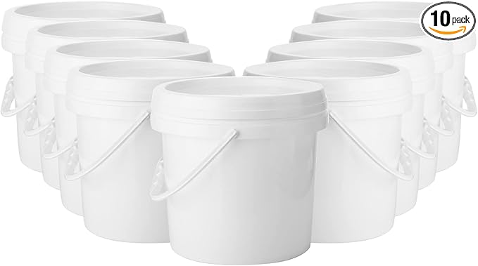 Gerrii 10 Pack White Plastic Bucket with Handle and Lid Food Storage Bucket Containers All Purpose Pail for Multipurpose Paint Water Art Crafts Projects Garage Organization (White,1 Gallon)
