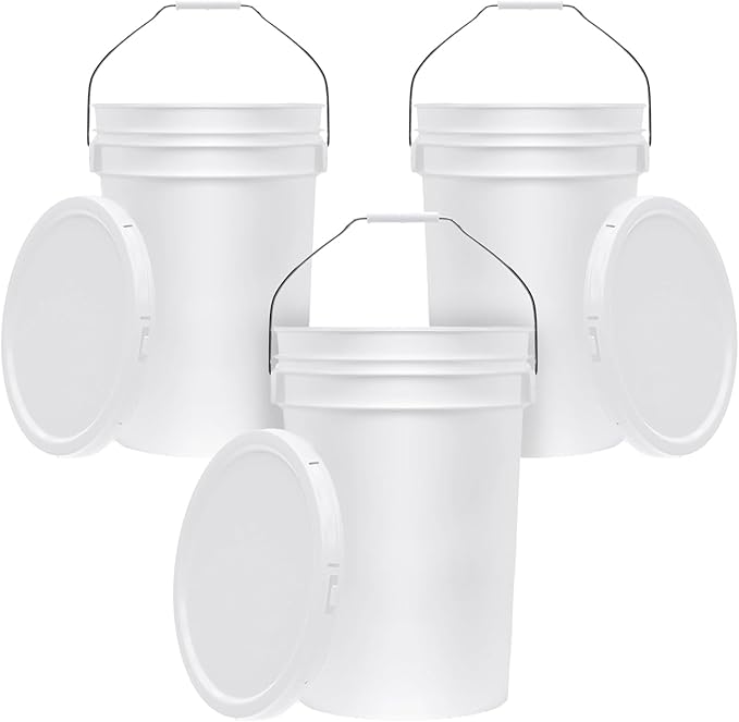 6.5-Gallon White Bucket Pail Container with Lid | Food Grade | Heavy-Duty 90MIL Extra Durable | Metal Handles with Plastic Grip for Easy Carrying | Multi-Use | Easy Stack and Store | BPA Free - 3 Pack