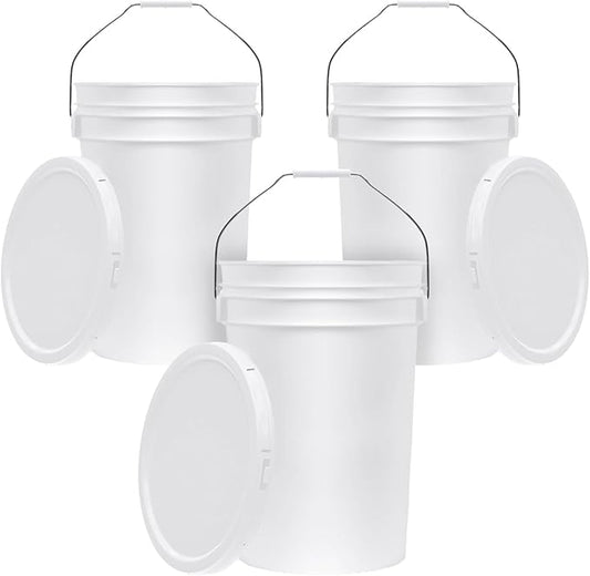 6.5-Gallon White Bucket Pail Container with Lid | Food Grade | Heavy-Duty 90MIL Extra Durable | Metal Handles with Plastic Grip for Easy Carrying | Multi-Use | Easy Stack and Store | BPA Free - 3 Pack