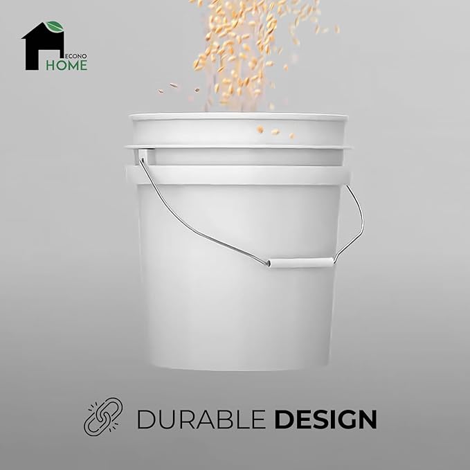 3.5-Gallon White Bucket Pail Container with Lid | Food Grade | Heavy-Duty Extra Durable | Metal Handles with Plastic Grip for Easy Carrying | Multi-Use | Easy Stack and Store | BPA Free - 5 Pack