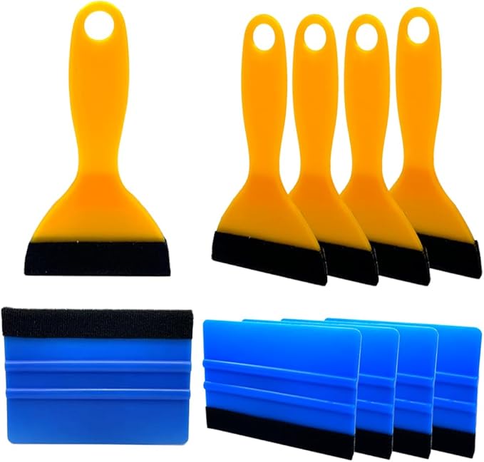 Black Felt Edge Squeegee Tool,Car Vinyl Film Wrapping Decal Glass Window Tint,Wallpaper Sticker Installation Spatula, Patching Putty Paint Flexible Small Plastic Scraper(Blue 5Pcs,Yellow 5Pcs)