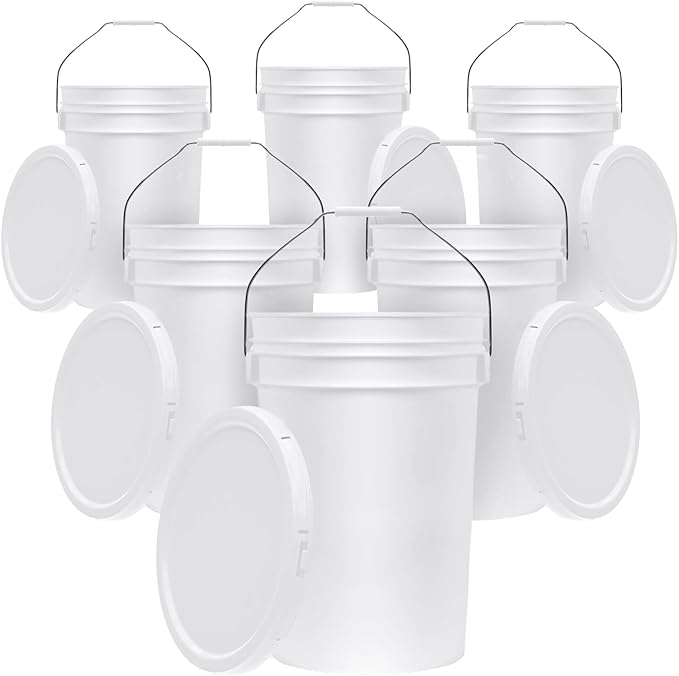 6.5-Gallon White Bucket Pail Container with Lid | Food Grade | Heavy-Duty 90MIL Extra Durable | Metal Handles with Plastic Grip for Easy Carrying | Multi-Use | Easy Stack and Store | BPA Free - 6 Pack