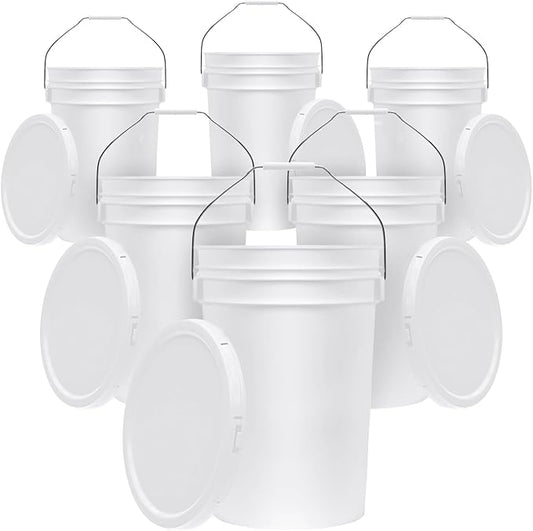 6.5-Gallon White Bucket Pail Container with Lid | Food Grade | Heavy-Duty 90MIL Extra Durable | Metal Handles with Plastic Grip for Easy Carrying | Multi-Use | Easy Stack and Store | BPA Free - 6 Pack