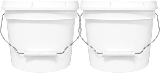 2-Gallon Bucket with Airtight Lid – Heavy-Duty Extra Durable Pail – Made in USA – Premium Quality HDPE – Food Grade – BPA Free – Metal Handle with Plastic Grip – Stackable – Multi-Use – White, 2 Pack