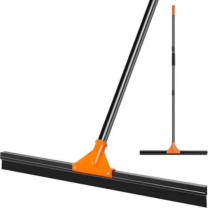 Heavy Duty Floor Squeegee for Concrete Tile Cleaning, 24" Rubber Wiper Squeegee Broom with Long Handle, Commercial Scrubber Mop for Garage Deck Bathroom Kitchen Pool Glass