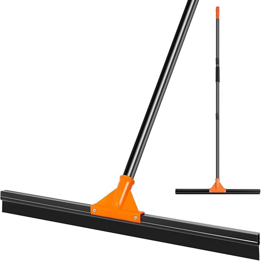 Heavy Duty Floor Squeegee for Concrete Tile Cleaning, 24" Rubber Wiper Squeegee Broom with Long Handle, Commercial Scrubber Mop for Garage Deck Bathroom Kitchen Pool Glass