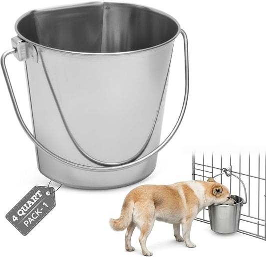 4 quart Stainless Steel Flat Side Bucket | 1 gal Durable Heavy Duty Food & Water Feeding Pails for Birds Dogs Cats Goat | Fits kennels Cages Critter Crates Hanging Pet Pail | Multipurpose