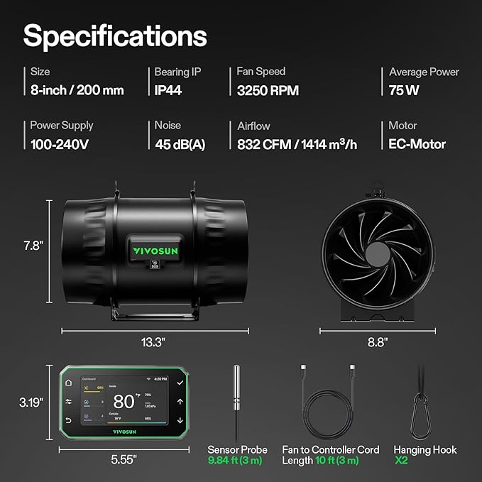 VIVOSUN T8 8" Inline Duct Fan & Temperature Humidity Controller, E42A+ WiFi-App Control AeroZesh Grow Tent Fan& Smart Thermostat, 832 CFM EC Motor Exhaust Fan for Heating Cooling, Greenhouse Accessory