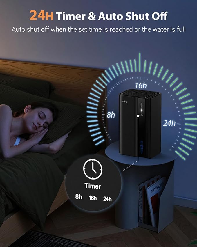 95oz Dehumidifiers for Home, 1000 Sq.Ft Dehumidifier with drain hose - Auto Shut Off, Timer, Sleep Mode & Drain Hose - 7 Color Light for Bedroom, Bathroom, RV - Black