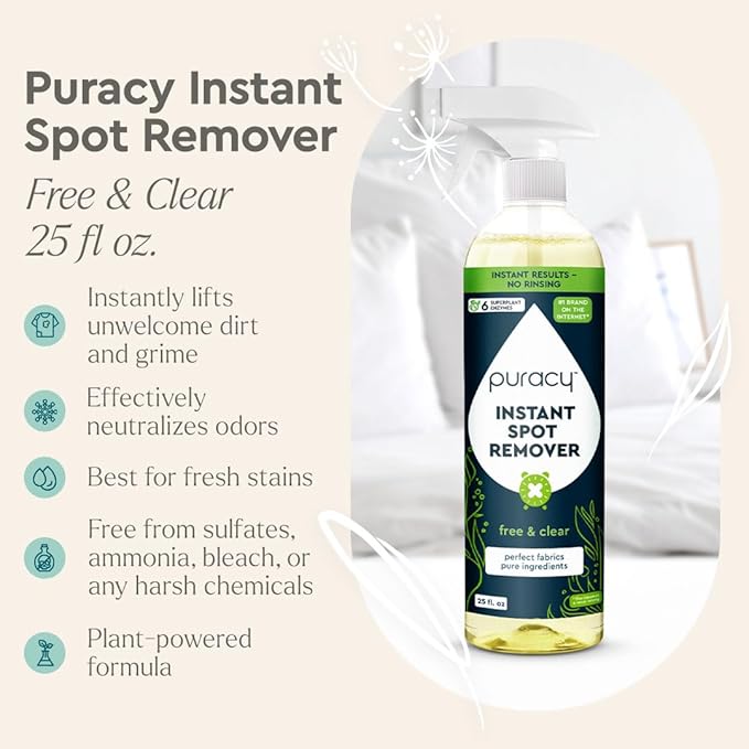 Puracy Laundry Stain Remover for Clothes Laundry - Carpet Stain Remover Carpet Spot Cleaner Couch Stain Remover - Clothes Spray, Free & Clear - Instant Spot Remover, 25 Fl Oz (Pack of 1)
