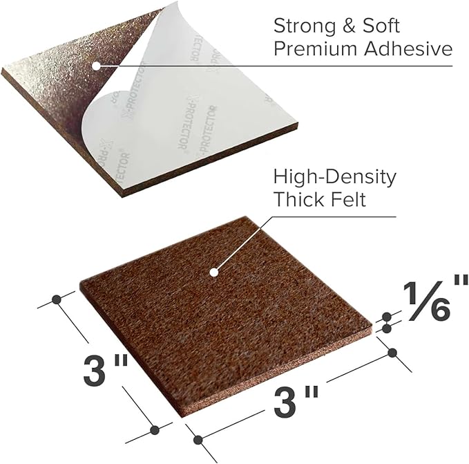 X-PROTECTOR Felt Furniture Pads - 12 PCS 3" - Felt Pads Floor Protectors - Chair Felt Pads - Felt Pads for Furniture Feet - Furniture Pads for Hardwood Floors - Protect Your Floors! (Brown, Square)