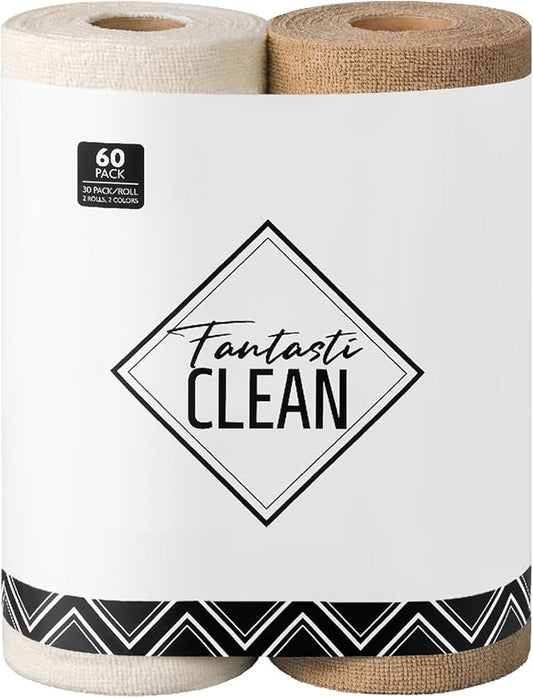 Fantasticlean Microfiber Cleaning Cloth Roll -60 Pack, Tear Away Microfiber Towels, 12" x 12", Reusable, Washable, Scratch Free, Ultra Absorbent Dishcloth for All-Around Cleaning (Beige & Tan)