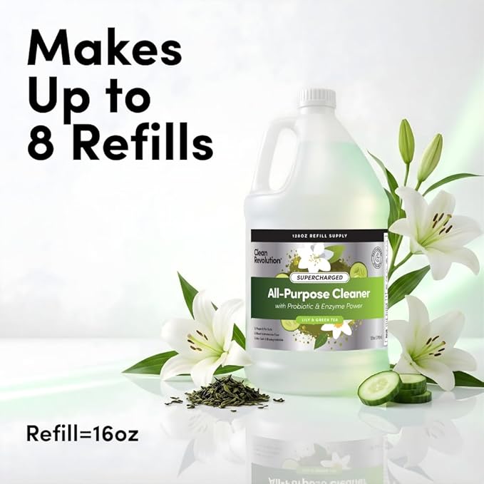 Clean Revolution SuperCharged All Purpose Cleaner Refill with Smart Probiotic + Enzyme Complex, Multi-Surface Kitchen Bathroom & Floor Cleaner, Lily & Green Tea, 128 Fl Oz
