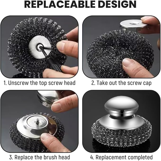 Steel Wool Scrubber with Handle, Upgrade Heavy Duty Stainless Steel Dish Scrubber for Cleaning Dishes, Iron Pots, Stoves, Kitchen Sink (4 pcs)