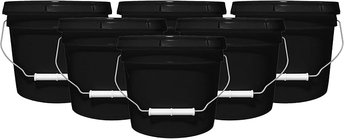 2-Gallon Bucket with Airtight Lid – Heavy-Duty Extra Durable Pail – Made in USA – Premium Quality HDPE – Food Grade – BPA Free – Metal Handle with Plastic Grip – Stackable – Multi-Use – Black, 6 Pack