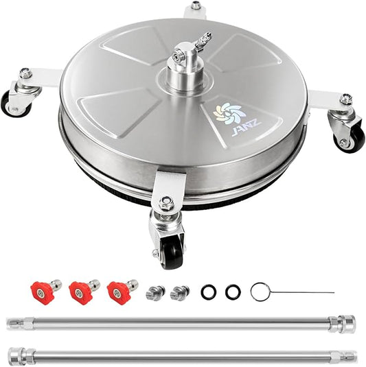 JANZ 16" Pressure Washer Surface Cleaner with 4 Wheels, Stainless Steel Housing, 1/4" Quick Plug, 2 Extension Wand Attachments, 2 Replacement Nozzles and 3 Spray Nozzles, 4000 PSI