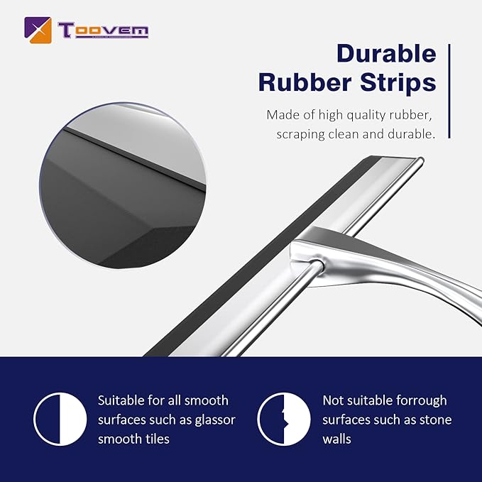TOOVEM 14 Inch Shower Squeegee for Glass Doors, Window, Bathroom, Car Windshield, Shower Cleaning Tools with S Hook, Square Sticky Hook (Silver)