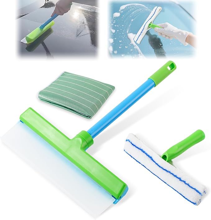 Window Cleaning Kit, Window Squeegee, Recyclable Silicone Window Squeegee Kit, 3 in 1 Glass Cleaning Tool with Rotatable Rubber Microfiber Scrubber (1 Set)