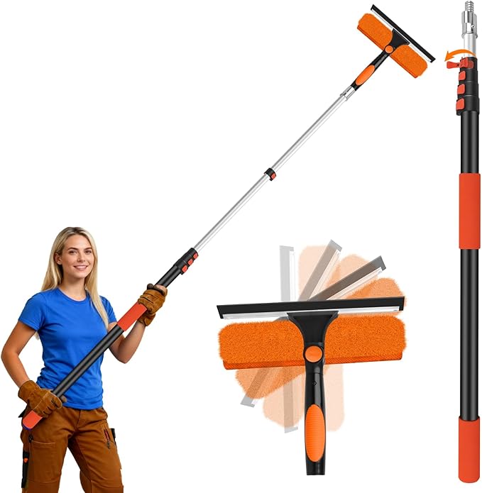 26FT Telescoping Window Squeegee Kit | 2-in-1 Professional Window Washer & Microfiber Scrubber with Extension Pole | High Reach Cleaning Tool for Outdoor, Indoor Windows & Glass