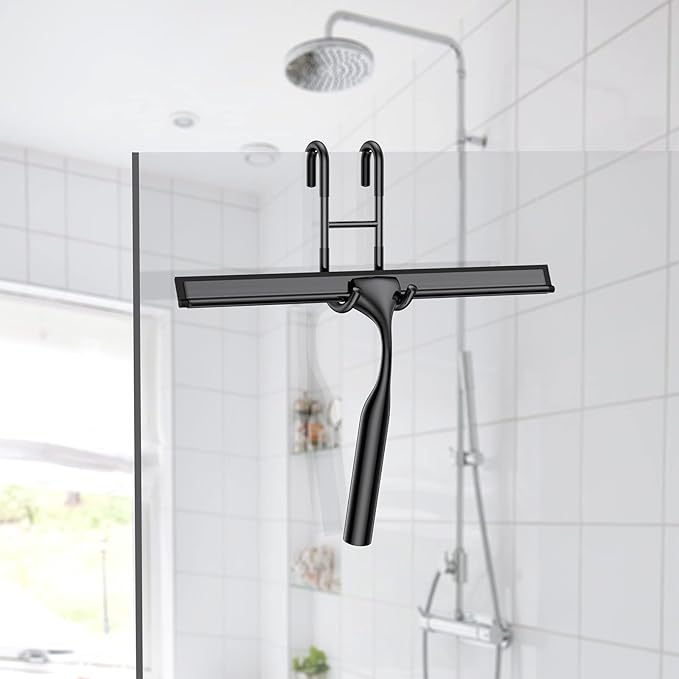 Shower Squeegee for Glass Doors, 10-Inch Stainless Steel Squeegee Bathroom Doors Mirror Car Windows with Matching Hooks Holder and Replacement Blade (Black)