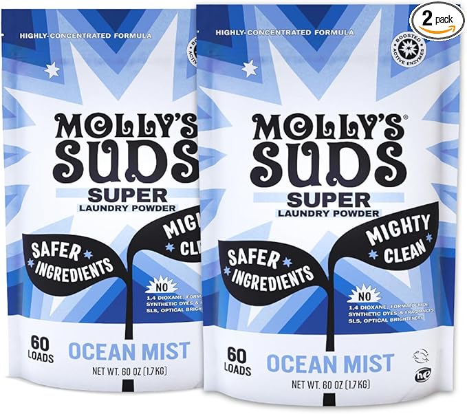 Molly's Suds Super Powder Detergent | Extra Strength Laundry Soap, Stain Fighting | Sensitive Skin | Simple, Effective Ingredients | Ocean Mist, 120 Loads Total (2 Pack)