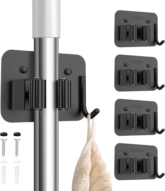 nacena Broom Holder Wall Mount, 4 Packs Black Stainless Steel Mop and Broom Hanger with Hooks Heavy Duty Broom and Mop Organizer Wall Hanging for Bathroom