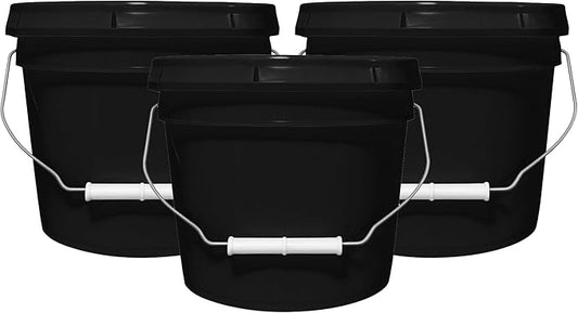 2-Gallon Bucket with Airtight Lid – Heavy-Duty Extra Durable Pail – Made in USA – Premium Quality HDPE – Food Grade – BPA Free – Metal Handle with Plastic Grip – Stackable – Multi-Use – Black, 3 Pack