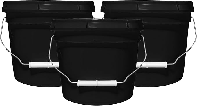 2-Gallon Bucket with Airtight Lid – Heavy-Duty Durable Pail – Made in USA – Premium Quality HDPE – Food Grade – BPA Free – Metal Handle with Plastic Grip – Stackable – Multi-Use – Black, 3 Pack
