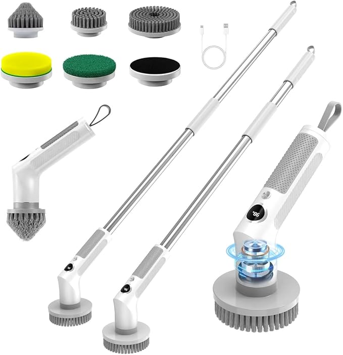 Electric Spin Scrubber, Cordless 20W High-Torque IPX7 Waterproof Cleaning Brush with LED Battery Display, 2-Speed &6 Replaceable Heads & Extendable Long Handle for Bathroom Kitchen Car