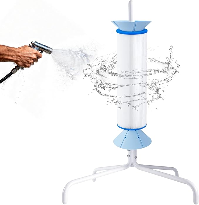 Pool Cartridge Filter Cleaning Stand Compatible with 3, 4, Or 6 Inch Swimming Pool Cartridges 360° Rotating Cleaning No Bending Required Say Goodbye to Manual Scrubbing Water Saving Design