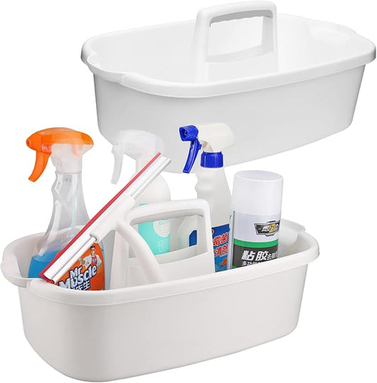 Cleaning Caddy Organizer with Handle, White Plastic Bucket for Cleaning Supplies Products, Cleaning Tool Storage Tote, 2 Pack