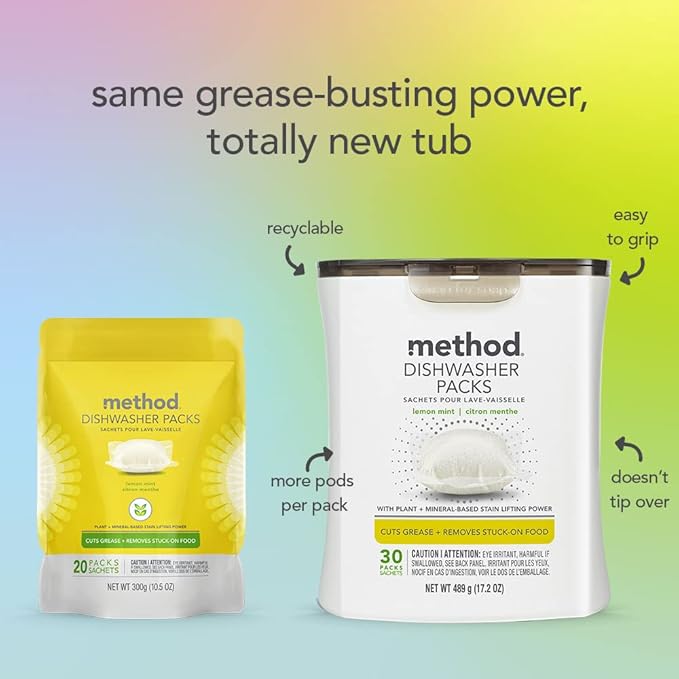 Method Dishwasher Detergent Packs, Lemon Mint, Dishwashing Rinse Aid to Lift Tough Grease and Stains, 30 Dishwasher Tabs per Package, (Pack of 4)