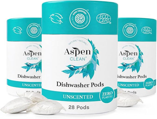Unscented Dishwasher Pods by AspenClean, Dye-Free, Zero Plastic, Vegan, Eco-Friendly, Natural Dishwasher Detergent, EWG Verified™ - 28 Count (3 Pack)