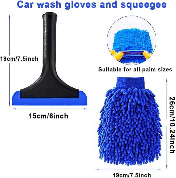 Window Tint Tool Small 6" Silicone Handy Cleaning Squeegee and Car Wash Mitt Chenille Microfiber Super Absorbent for Car Windshield, Window, Mirror, Glass Door,Shower(Blue)