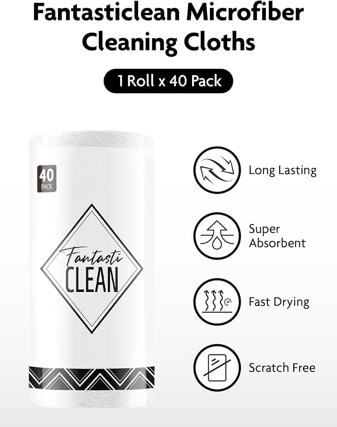 Fantasticlean Microfiber Cleaning Cloth Roll -40 Pack, Tear Away Microfiber Towels, 12" x 12", Reusable, Washable, Scratch Free, Ultra Absorbent Dishcloth for All-Around Cleaning Supplies (White)