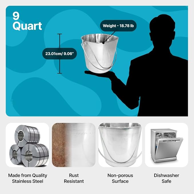 Heavy Duty Stainless Steel Bucket 2 Gallon - 9 Quart Flat Side Metal Bucket for Feeding & Watering Pets, Livestock & Cleaning - Perfect for Crates, Kennels, Cages & Hang on Fences
