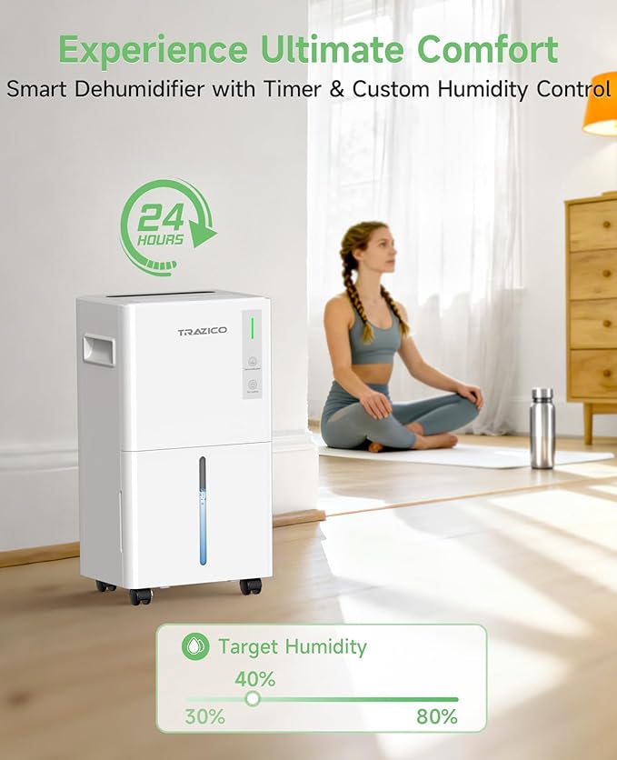 1500 Sq.ft Dehumidifier for Basement, Trazico 21 Pint Quiet Dehumidifiers for Home with Drain Hose, Smart Humidity Control, 3 Modes, 24H Timer, Auto Defrost, for Large Room, Bedroom, and Bathroom