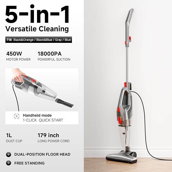 Corded Stick Vacuum Cleaner - Lightweight, Powerful Suction with 450W Motor, 3-in-1 16.4Ft Cord Vacuum Cleaners for Home, Hard Floor, Carpet, Pet Hair Black Gray